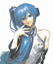 Rule 34 | 1girl, aqua eyes, aqua nails, bare shoulders, black sleeves, blue hair, breasts, closed mouth, collared shirt, derivative work, detached sleeves, grey shirt, hair between eyes, hashtag-only commentary, hatsune miku, hatsune miku (noodle stopper), long hair, medium breasts, meme, moyanwxy, nail polish, necktie, photo-referenced, shirt, side ponytail, sidetail miku noodle stopper (meme), sleeveless, sleeveless shirt, smile, solo, upper body, vocaloid, white background