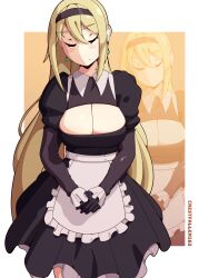 Rule 34 | alternate costume, apron, artist name, black gloves, black skirt, blonde hair, breasts, cleavage, cleavage cutout, closed eyes, clothing cutout, crestfallen163, dress, earrings, frilled apron, frilled dress, frills, girls&#039; frontline, gloves, headband, highres, jewelry, large breasts, light smile, long hair, m1 garand (girls&#039; frontline), maid, maid apron, self-upload, skirt, yellow background