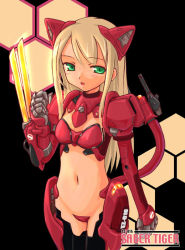 Rule 34 | 1girl, animal ears, armor, blonde hair, cat ears, cat tail, claws, fake animal ears, green eyes, honeycomb (pattern), honeycomb background, honeycomb pattern, long hair, maebari, mecha musume, revealing clothes, saber tiger, saber tiger (zoids), solo, standing, tail, takayaki, thighhighs, zoids