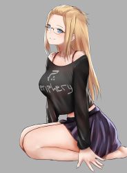 Rule 34 | 1girl, band shirt, bangs pinned back, barefoot, black skirt, black sweater, blonde hair, blue eyes, blush, bra strap, breasts, casual, closed mouth, clothes writing, crop top, folded hair, from side, glasses, grey background, group name, highres, inne sulistya robin, large breasts, long hair, merchandise, midriff, miniskirt, norman maggot, original, periphery (band), pleated skirt, purple skirt, seiza, simple background, sitting, skirt, smile, solo, sweater, teacher, thick thighs, thighs