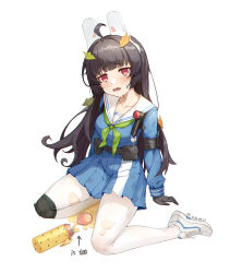 Rule 34 | 1girl, @ @, absurdres, animal ears, artist name, azema, belt, black gloves, black hair, blue archive, blue shirt, blue skirt, blush, breasts, dated, english text, fake animal ears, full body, gloves, green neckerchief, highres, knee pads, leaf, leaf on head, long hair, long sleeves, looking at viewer, miyu (blue archive), neckerchief, open mouth, pantyhose, pouch, rabbit ears, raised eyebrows, red eyes, sailor collar, shirt, shoes, simple background, single knee pad, sitting, skirt, small breasts, sneakers, solo, sweat, tea, thermos, torn clothes, torn pantyhose, white background, white footwear, white pantyhose, yokozuwari