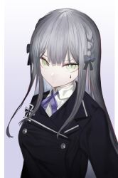 Rule 34 | 1girl, absurdres, alternate costume, black jacket, blunt bangs, border, bow, braid, buttons, closed mouth, collared shirt, commentary, double-breasted, girls&#039; frontline, gradient background, green eyes, grey bow, grey hair, hair bow, highres, hk416 (girls&#039; frontline), jacket, long hair, long sleeves, looking at viewer, neck ribbon, nero (nero nyam), purple background, purple ribbon, ribbon, shirt, simple background, solo, upper body, white border, white shirt