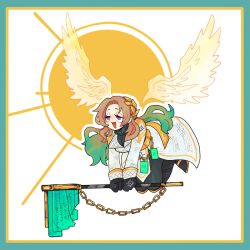 Rule 34 | 1girl, angel wings, axe, black gloves, black pants, black sweater, breasts, brown hair, chain, e.g.o (project moon), flying, gloves, gradient hair, green hair, hcc1bai, holding, holding axe, large breasts, limbus company, long hair, multicolored hair, open mouth, pants, parted bangs, project moon, purple eyes, rodion (project moon), smile, solo, sweater, very long hair, white wings, wings