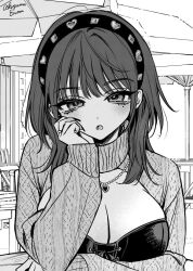 Rule 34 | 1girl, akiyama enma, breasts, cable knit, cleavage, cleavage cutout, clothing cutout, copyright request, elbow rest, greyscale, hairband, hand on own cheek, hand on own face, head rest, heart, heart necklace, jewelry, large breasts, medium hair, mole, mole under eye, monochrome, nail polish, necklace, open mouth, outdoors, ring, screentones, solo, sweater, turtleneck, turtleneck sweater, upper body