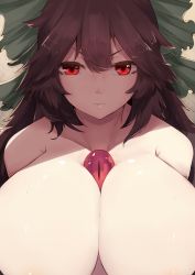 Rule 34 | 1girl, between breasts, bow, breasts, brown hair, cleavage, green bow, hair bow, highres, huge breasts, lips, long hair, looking at viewer, nose, nude, red eyes, reiuji utsuho, satou rin (gobugabuge), solo, third eye, touhou, upper body