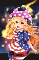 Rule 34 | 1girl, american flag dress, american flag legwear, arano oki, arms at sides, blonde hair, blush, clownpiece, cowboy shot, dress, fairy wings, frilled shirt collar, frills, hat, jester cap, letterboxed, long hair, looking at viewer, neck ruff, open mouth, orange eyes, pantyhose, polka dot, print pantyhose, short dress, short sleeves, solo, star (symbol), star print, striped, thick thighs, thighs, torch, touhou, very long hair, wings