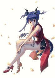 Rule 34 | 1girl, absurdres, arknights, bare arms, bare legs, bare shoulders, bead bracelet, beads, black shorts, blue hair, bracelet, breasts, ch&#039;en (ageless afterglow) (arknights), ch&#039;en (arknights), china dress, chinese clothes, commentary request, double bun, dragon horns, dragon tail, dress, hair bun, high heels, highres, horns, invisible chair, jewelry, long hair, looking at viewer, mage (mage 7me), medium breasts, official alternate costume, red dress, red eyes, red footwear, short shorts, shorts, sidelocks, simple background, sitting, sleeveless, sleeveless dress, smile, solo, tail, thighs, white background
