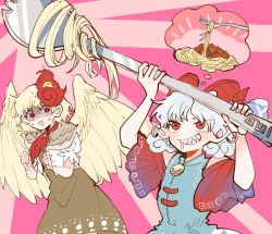 Rule 34 | 2girls, arms up, bare shoulders, bird, blonde hair, blue dress, blue ribbon, brown capelet, brown dress, buttons, capelet, chick, closed mouth, colored skin, commentary request, detached sleeves, dress, drooling, earrings, fingernails, food, fork, grey hair, hands up, horns, itomugi-kun, jewelry, looking at another, looking up, mandarin collar, multicolored hair, multiple girls, niwatari kutaka, open clothes, open mouth, open vest, pasta, pink background, pointy ears, puffy short sleeves, puffy sleeves, red eyes, red hair, red scarf, ribbon, scared, scarf, shaded face, sharp teeth, short hair, short sleeves, spaghetti, spaghetti strap, speech bubble, spork, standing, sweat, sweatdrop, teeth, thinking, touhou, toutetsu yuuma, two-tone hair, v-shaped eyebrows, vest, weapon, white vest, wide sleeves, wings, yellow skin