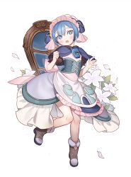 Rule 34 | 1boy, :o, blue eyes, blue hair, blush, boots, capelet, corset, flower, gwayo, looking at viewer, made in abyss, maid, maid headdress, male focus, maruruk, open mouth, petals, pouch, short hair, simple background, solo, trap, whistle, white background