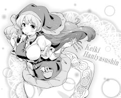 Rule 34 | apron, between fingers, blush, breasts, caliper, character name, commentary request, cowboy shot, doily, dress, greyscale, hands up, haniyasushin keiki, head scarf, holding, large breasts, long hair, looking at viewer, magatama, monochrome, short sleeves, smile, solo, tanasuke, tongue, tongue out, tools, touhou, white background