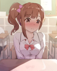 Rule 34 | 1girl, blush, bow, bowtie, brown eyes, brown hair, classroom, commentary request, hair bow, highres, idolmaster, idolmaster cinderella girls, igarashi kyoko, indoors, pink bow, red bow, red bowtie, seneto, shirt, side ponytail, sitting, solo focus, white shirt