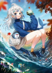 Rule 34 | 1girl, alternate hairstyle, autumn, autumn leaves, bag, bloop (gawr gura), blue eyes, blue hair, blue sweater, blunt bangs, braid, burger, closed mouth, day, eating, fins, fish, fish tail, food, gawr gura, handbag, highres, holding, holding food, hololive, hololive english, looking at viewer, medium hair, multicolored hair, outdoors, pleated skirt, same jarashi, shark girl, shark tail, shoes, silver hair, skirt, socks, squatting, streaked hair, sweater, tail, tan skirt, turtleneck, turtleneck sweater, virtual youtuber, water, wind