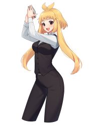 Rule 34 | 1girl, :d, absurdres, arms up, belt, belt buckle, black belt, black pants, black vest, blonde hair, breasts, brown eyes, buckle, cocktail shaker, collared shirt, commission, copyright request, cropped legs, highres, holding, long hair, long sleeves, medium breasts, open mouth, pants, sakura chiyo (konachi000), shirt, simple background, smile, solo, teeth, thick eyebrows, upper teeth only, very long hair, vest, virtual youtuber, white background, white shirt