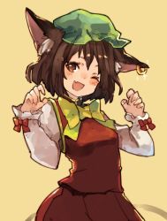 Rule 34 | 1girl, ;d, animal ears, blush, bow, brown eyes, brown hair, cat ears, chen, chobi (sakuyasakuhana), claw pose, claws, earrings, fang, hands up, hat, jewelry, long sleeves, looking at viewer, mob cap, one eye closed, open mouth, red bow, red skirt, short hair, simple background, single earring, skirt, smile, solo, touhou, upper body, vest, yellow background, yellow bow