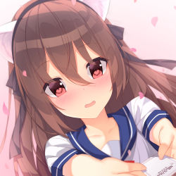 Rule 34 | 1girl, :d, animal ears, bad id, bad pixiv id, black ribbon, blush, brown hair, cat ears, commentary request, dutch angle, hair between eyes, hair ribbon, holding, jyt, looking at viewer, niliu chahui, open mouth, original, outstretched arms, petals, red eyes, ribbon, school uniform, serafuku, shirt, short sleeves, smile, solo, white shirt