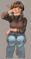 Rule 34 | 1girl, black sweater, blue pants, blush, bra visible through clothes, breasts, brown background, brown hair, covering own eyes, denim, ergot, fubuki (kancolle), highres, jeans, kantai collection, large breasts, long sleeves, low ponytail, nose blush, pants, ponytail, short ponytail, sidelocks, simple background, sitting, solo, sweater