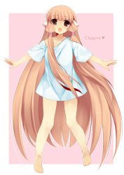 Rule 34 | 00s, 1girl, akashi, akashi (akashimichi), android, bare legs, barefoot, blonde hair, brown eyes, chii, chobits, feet, female focus, hair ornament, hair tubes, headgear, long hair, looking at viewer, off shoulder, open mouth, outside border, pink background, robot ears, shirt, simple background, solo, toes, very long hair