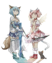 Rule 34 | 10s, 2girls, animal ears, armband, blue eyes, blue hair, bow, bow (weapon), cape, cat, cat ears, dog ears, dog tail, gloves, gmork, hair bow, kaname madoka, mahou shoujo madoka magica, mahou shoujo madoka magica online, miki sayaka, multiple girls, pink eyes, pink hair, short twintails, simple background, skirt, smile, soul gem, sword, tail, thighhighs, twintails, weapon, wings, zettai ryouiki