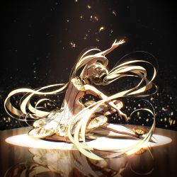 Rule 34 | 1girl, ballerina, ballet slippers, bow, bowtie, choker, closed eyes, closed mouth, dancing, dark room, dress, glowing, gold bowtie, gramophone miku, green hair, hair ornament, hatsune miku, head tilt, highres, kika, light particles, long hair, miku symphony (vocaloid), off-shoulder dress, off shoulder, outstretched arms, outstretched leg, reflection, sleeveless, sleeveless dress, spotlight, twintails, vocaloid, white dress, yellow bow, yellow choker