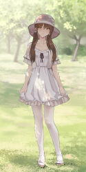 Rule 34 | 1girl, blurry, blurry background, blurry foreground, blush, brown eyes, brown hair, closed mouth, collarbone, day, depth of field, dress, female focus, frilled dress, frilled sleeves, frills, full body, grass, hair between eyes, hat, high heels, highres, light smile, long hair, looking at viewer, low twintails, nature, original, outdoors, pantyhose, ribbon, short sleeves, skirt, solo, standing, tree, twintails, white dress, white footwear, white hat, white pantyhose, yewang19
