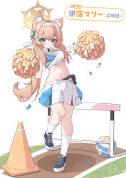 Rule 34 | 1girl, absurdres, animal ear fluff, animal ears, ball, blue archive, blue eyes, breasts, cat ears, cheerleader, cleavage, commentary request, crop top, full body, hairband, highres, holding, holding pom poms, light brown hair, long hair, looking at viewer, mari (blue archive), medium breasts, midriff, miniskirt, navel, pleated skirt, pom pom (cheerleading), pom poms, simple background, skirt, smile, socks, solo, stomach, traffic cone, vanishedstar, very long hair, volleyball, volleyball (object), white background, white hairband, white skirt, white socks