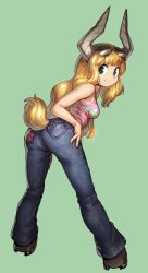 Rule 34 | 10s, 1girl, alternate costume, ass, back, bare shoulders, bent over, blonde hair, boku no hero academia, breasts, casual, clothing cutout, denim, eyewear on head, from behind, full body, green background, green eyes, heart, highres, hooves, horns, horse tail, jeans, legs apart, long hair, looking at viewer, looking back, murakami hisashi, pants, pocket, simple background, smile, solo, standing, star (symbol), star print, sunglasses, tail, tail through clothes, tank top, tsunotori pony