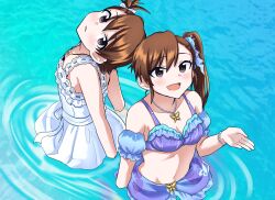 Rule 34 | 2girls, absurdres, bare shoulders, bead bracelet, bead necklace, beads, bikini, blue ribbon, blue sleeves, blush, bow, bracelet, breasts, brown eyes, brown hair, butterfly necklace, cleavage, collarbone, detached sleeves, dot nose, dress, dress bow, floral print, from above, futami ami, futami mami, hair bow, hair ribbon, hand up, highres, idolmaster, idolmaster (classic), idolmaster million live!, idolmaster million live! theater days, jewelry, koubashiifuna, lace, lace-trimmed dress, lace trim, long hair, looking at viewer, looking up, multiple girls, navel, necklace, open hand, open mouth, parted lips, print sarong, purple bikini, purple sarong, ribbon, ripples, sarong, short hair, siblings, side ponytail, sisters, small breasts, smile, swimsuit, twins, wading, water, white bow, white dress