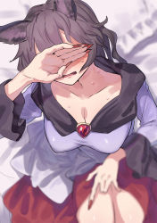 Rule 34 | 1girl, absurdres, animal ears, black hair, blurry, blush, breasts, brooch, clothes lift, collarbone, covered eyes, covering face, depth of field, embarrassed, facing viewer, fingernails, gunnjou yosio, highres, imaizumi kagerou, jewelry, large breasts, lifted by self, long fingernails, long hair, long sleeves, nail polish, parted lips, red nails, red skirt, skirt, skirt lift, solo, sweat, touhou, wide sleeves, wolf ears