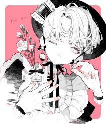 Rule 34 | 1boy, bishounen, closed mouth, flower, hamondo, hat, hat ribbon, highres, looking at viewer, male focus, monochrome, one eye closed, original, partially colored, ribbon, rose, short hair, solo, spot color, white flower, white hair, white rose
