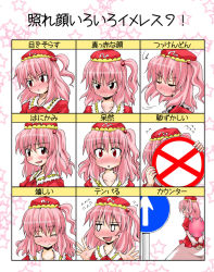 Rule 34 | 1girl, blush, chart, expressions, female focus, hat, highres, kawashiro mitori, naegi (naegidokoro), original, pink hair, road sign, sign, touhou, translated