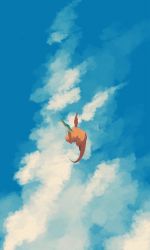 Rule 34 | cloud, commentary, creatures (company), day, dragonite, flying, from behind, game freak, gen 1 pokemon, nintendo, no humans, outdoors, pokemon, pokemon (creature), sky, solo, wulie errr