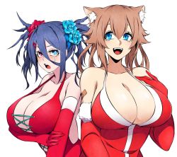 Rule 34 | 2girls, animal ears, bandaid, black hair, blue eyes, blush, breasts, brown hair, cat ears, chon (xx chon xx), cleavage, dizu (camui kamui), elbow gloves, gloves, hair ornament, hair scrunchie, hairclip, heterochromia, highres, huge breasts, hz (666v), multiple girls, open mouth, original, scrunchie, side-by-side, smile, twintails