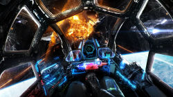 Rule 34 | aerial battle, battle, black gloves, broken glass, cockpit, commentary, controller, crossover, dogfight, english commentary, explosion, fake screenshot, gameplay mechanics, glass, gloves, highres, holographic monitor, horizon, johnson ting, joystick, leather, leather gloves, official art, pilot suit, planet, pov, production art, prototype design, realistic, science fiction, space, spacecraft, spacecraft interior, star citizen, star wars, starfighter, thrusters, tie fighter, tie fighter (video game), video game