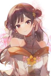 Rule 34 | 1girl, brown eyes, brown hair, collarbone, commentary, dot nose, double bun, earrings, flower, flower earrings, hair bun, hair flower, hair ornament, hair ribbon, highres, jewelry, koukyou suru machi no katasumi de (project sekai), long hair, looking at viewer, necklace, official alternate costume, official alternate hair length, official alternate hairstyle, pink flower, project sekai, ribbon, sano (ekk fy), shinonome ena, smile, solo, upper body, yellow flower