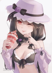 Rule 34 | 1girl, black hair, bow, breasts, date a live, dated, esther 0418, flower, hat, holding, holding spoon, long hair, long sleeves, looking at viewer, medium breasts, one eye closed, photoshop (medium), purple hat, red eyes, rose, saliva, smile, solo, spoon, symbol-shaped pupils, tokisaki kurumi, twintails, underwear