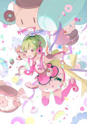 Rule 34 | 1girl, absurdres, ahoge, balabling, collared shirt, feet up, floating, food, green hair, headphones, highres, long bangs, long sleeves, looking ahead, macaron, miniskirt, name tag, necktie, open mouth, original, outstretched arms, oversized food, oversized object, pink necktie, pink skirt, pink thighhighs, raised eyebrows, red eyes, shirt, short hair, short ponytail, sidelocks, skirt, solo, tamagotchi, teeth, thighhighs, upper teeth only, white shirt
