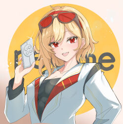 Rule 34 | 1girl, absurdres, black shirt, blonde hair, breasts, cellphone, eyewear on head, highres, holding, holding phone, hololive, hololive indonesia, jacket, kaela kovalskia, katoshseisou, large breasts, long sleeves, looking at viewer, medium hair, open mouth, phone, red-tinted eyewear, red eyes, shirt, smartphone, smile, solo, sunglasses, tinted eyewear, upper body, virtual youtuber, white jacket