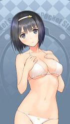 Rule 34 | 1girl, absurdres, bare shoulders, bikini, black eyes, black hair, blue background, bob cut, breasts, bug, butterfly, cleavage, collarbone, commentary request, copyright name, cowboy shot, expressionless, frown, gradient background, hairband, halterneck, hands on own chest, head tilt, highres, insect, leaning to the side, looking away, medium breasts, navel, official art, parted bangs, short hair, skindentation, solo, standing, string bikini, swimsuit, tony taka, white bikini