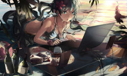 Rule 34 | 1girl, alcohol, bent over, bikini, bikini top only, bird, bottle, cake, cup, drawing, drawing tablet, dress, drinking glass, fish, food, green eyes, green hair, hatsune miku, highres, jewelry, leaf, leaning forward, long hair, monitor, necklace, ooi choon liang, pillow, screen, standing, sunset, swimsuit, table, twintails, vocaloid, wine, wine glass
