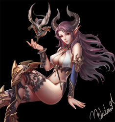 Rule 34 | 1girl, bare shoulders, between breasts, black background, breasts, cleavage, dragon, dragon girl, dragon horns, fingernails, horns, large breasts, lips, long hair, looking at viewer, mxj, nail, navel, original, pointy ears, purple hair, red eyes, simple background, solo, thighhighs