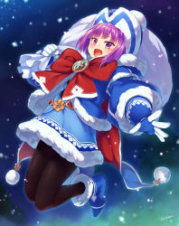 Rule 34 | 1girl, blunt bangs, blush, bow, fate/grand order, fate/grand order arcade, fate (series), fur trim, gloves, hat, helena blavatsky (christmas) (fate), helena blavatsky (fate), highres, open mouth, outdoors, pantyhose, purple eyes, purple hair, red bow, sack, short hair, signature, snowing, solo, tree, tsuki tokage