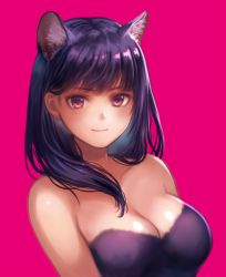 Rule 34 | 1girl, animal ears, bare shoulders, blunt bangs, breasts, cat ears, cat girl, cleavage, collarbone, extra ears, female focus, large breasts, looking at viewer, nishizawa, original, pink background, purple eyes, purple hair, red eyes, shiny skin, short hair, simple background, smile, solo, strapless, upper body