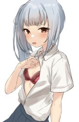 Rule 34 | 1girl, aqua hair, arm support, blunt bangs, blush, bow, bra, breasts, brown eyes, button gap, buttons, cleavage, collared shirt, commentary request, dress shirt, eyelashes, grey hair, grey skirt, hand up, highres, kantai collection, kasumi (kancolle), long hair, looking at viewer, medium hair, open clothes, open mouth, open shirt, parted lips, pleated skirt, ponytail, red bra, ribbon, sakieko, school uniform, shirt, short sleeves, side ponytail, simple background, skirt, small breasts, solo, thick eyelashes, unbuttoned, underwear, upper body, white background, white shirt
