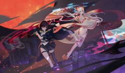 2girls absurdres bare_shoulders belt black_belt black_hair black_skirt building character_request city detached_sleeves encore_(870328470) facial_mark fingerless_gloves floating foot_out_of_frame forehead_mark gloves highres japanese_clothes kimono long_hair looking_back moon multiple_girls night onmyoji outdoors oversized_object pleated_skirt red_eyes red_moon sandals shiranui_(onmyoji) shirt single_thighhigh skirt skyscraper thighhighs watch white_hair white_kimono white_shirt wide_sleeves wristwatch