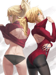 Rule 34 | 1girl, ass, back, back cutout, black leotard, blonde hair, braid, breasts, butt crack, clothing cutout, fate/apocrypha, fate (series), female focus, french braid, green eyes, heattech leotard, highres, jewelry, leotard, long hair, long sleeves, looking at viewer, looking back, mordred (fate), mordred (fate/apocrypha), multiple views, necklace, pantyhose, parted bangs, parted lips, pendant, ponytail, red pantyhose, revision, sidelocks, small breasts, tonee, turtleneck, unworn jewelry, unworn necklace