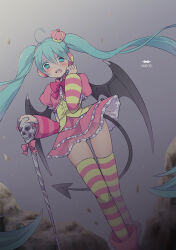 Rule 34 | 1girl, azurite0012, blue eyes, blue hair, blush, boots, bow, cane, colored eyelashes, crown, demon tail, demon wings, detached sleeves, dress, fang, frilled dress, frills, from below, hand on cane, hand on own cheek, hand on own face, hatsune miku, headphones, high collar, holding, holding cane, long hair, looking at viewer, mini crown, open mouth, princess (module), project diva (series), puffy short sleeves, puffy sleeves, ribbon, rock, short dress, short sleeves, skindentation, skull, smile, solo, striped clothes, striped sleeves, striped thighhighs, tail, thighhighs, twintails, very long hair, vocaloid, walking, wings