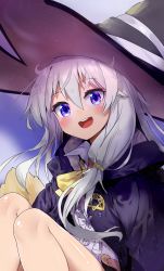 Rule 34 | 1girl, :d, absurdres, bare legs, blush, commentary, elaina (majo no tabitabi), grey hair, hair between eyes, hat, highres, long hair, looking at viewer, majo no tabitabi, open mouth, pg (pege544), purple eyes, smile, solo, witch hat