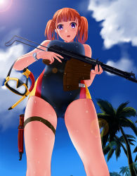 Rule 34 | 1girl, aps underwater rifle, assault rifle, bare arms, blue one-piece swimsuit, blue sky, blunt bangs, blush, breasts, cloud, co2 injection knife, co2 injection weapon, day, diving mask, from below, goggles, gun, highres, holding, holding gun, holding weapon, holster, large breasts, legs apart, lens flare, long rifle, mizuki (mizuki ame), needlegun, one-piece swimsuit, orange hair, original, outdoors, palm tree, purple eyes, rifle, sidearm, sky, solo, standing, sun, surprised, sweat, swimsuit, thigh holster, thigh strap, toz (tulsky oruzheiny zavod), tree, tsniitochmash, tula arms plant, twintails, underwater firearm, underwater magazine, wasp injection knife, watch, water, weapon, wristwatch