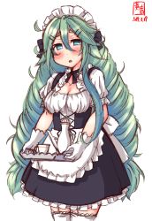 Rule 34 | 1girl, alternate costume, alternate hairstyle, apron, artist logo, black dress, black ribbon, blush, breasts, collarbone, cowboy shot, dated, dress, drill hair, enmaided, frilled apron, frills, gloves, hair between eyes, hair ribbon, highres, jewelry, kanon (kurogane knights), kantai collection, long hair, looking at viewer, maid, maid apron, maid headdress, medium breasts, necklace, puffy short sleeves, puffy sleeves, ribbon, short sleeves, signature, simple background, solo, thighhighs, tray, waist apron, white background, white gloves, white thighhighs, wrist cuffs, yamakaze (kancolle)