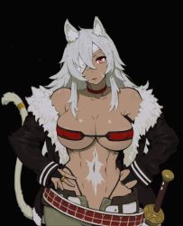Rule 34 | 1girl, abs, animal ears, areola slip, bare shoulders, belt, black background, black gloves, breasts, chimjoljol (cute goblin), choker, cleavage, covered erect nipples, eyepatch, fur trim, ghislaine dedoldia, gloves, hands on own hips, highres, jacket, large breasts, long hair, looking at viewer, muscular, muscular female, mushoku tensei, navel, off shoulder, platinum blonde hair, red eyes, scar, scar on face, sheath, sheathed, simple background, solo, sword, tail, thong, weapon